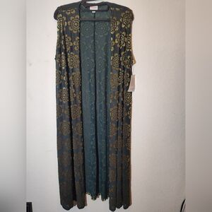 LuLaRoe Green and Gold(Unique Green)Open Long Sleeveless Cardigan NWT Size Large